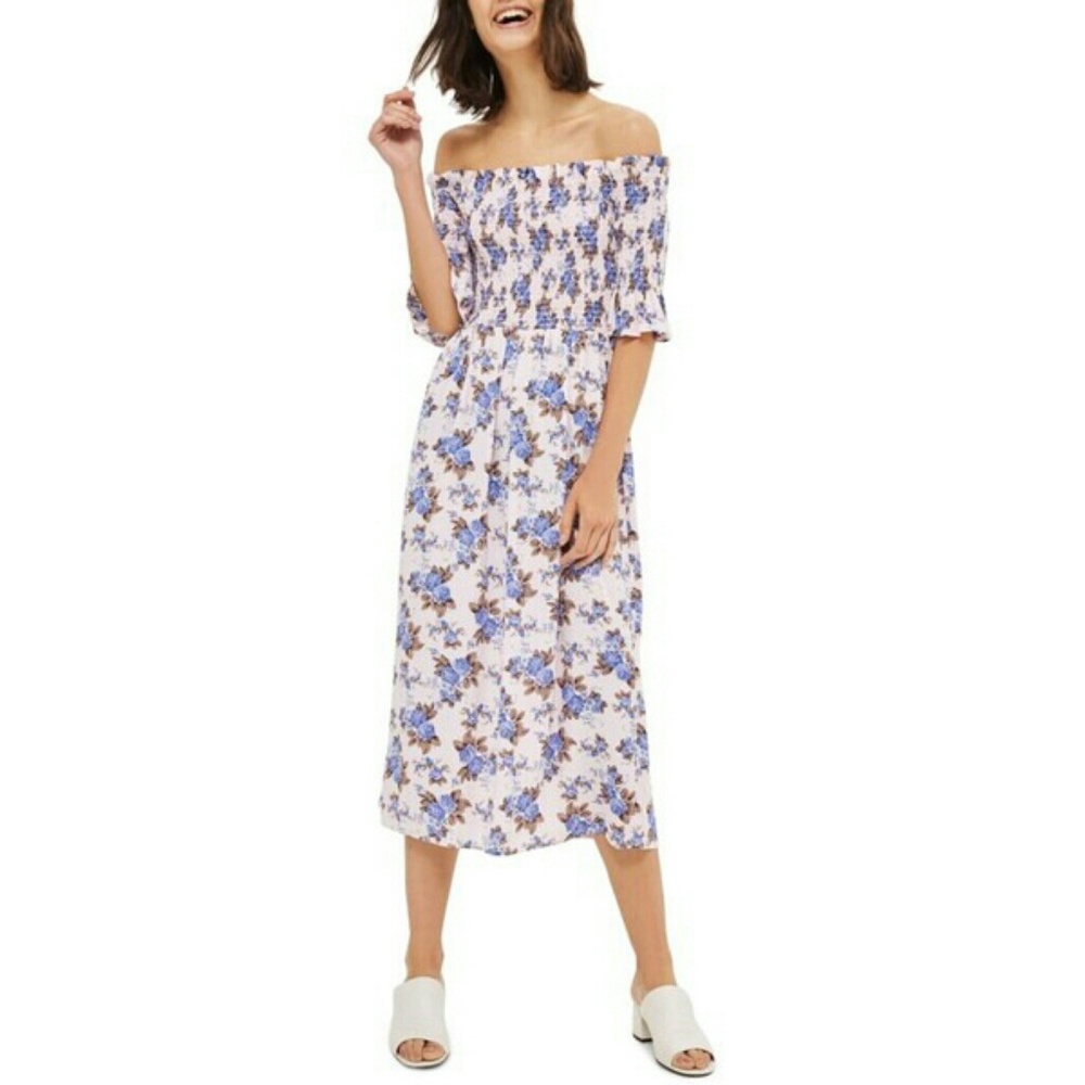 Topshop Pink Floral Shirred Bardot Dress